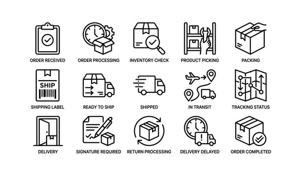 Order processing and delivery workflow icons on white grid