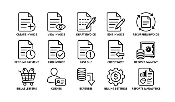 Invoice management and billing icons grid on white background