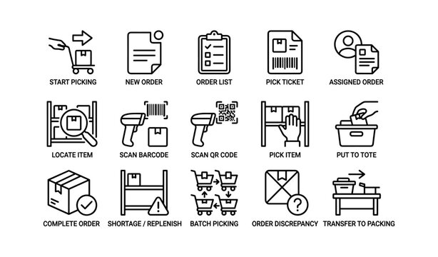 Order picking and warehouse process icons on white background