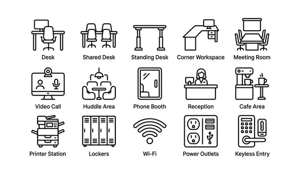 Workspace amenities icons showing office facilities on white background