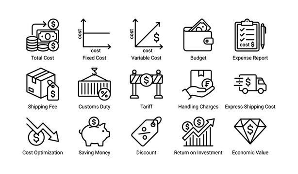 Cost icons illustrating fees and charges on white background