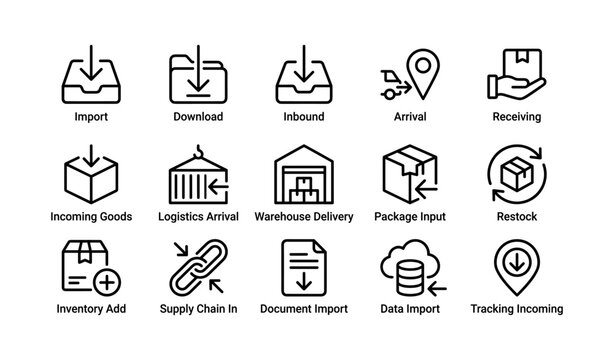 Inbound logistics icons showing import symbols on white background
