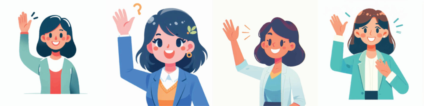 Four diverse cartoon women waving hello cheerfully.
