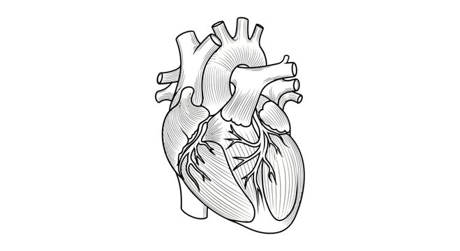 Anatomical illustration of a human heart, black and white sketch, medical concept