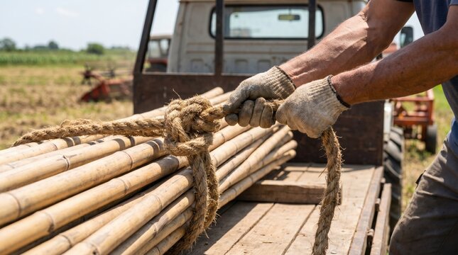 Worker hands pulling a thick rope to secure a large bundle of bamboo poles on a truck bed
