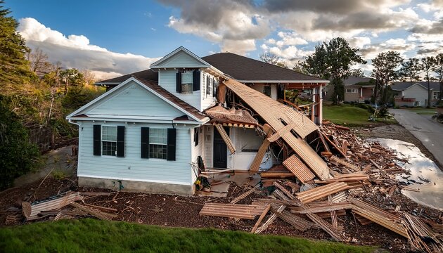 single story residence sustains significant structural damage following extreme weather event