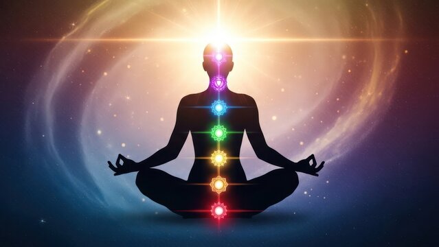 Mystical meditation practice with chakra alignment under cosmic glow backdrop