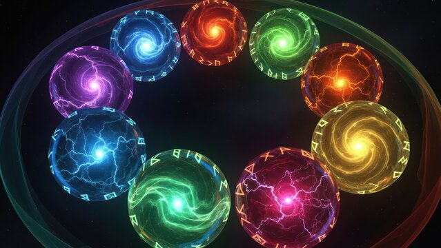 Mystical Orbs of Energy: A Vibrant Circle of Magic and Elemental Power Radiating Through Space