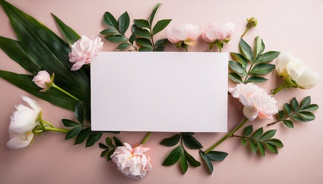 overhead flat lay composition featuring a clean empty rectangular white card centered against a pale backdrop