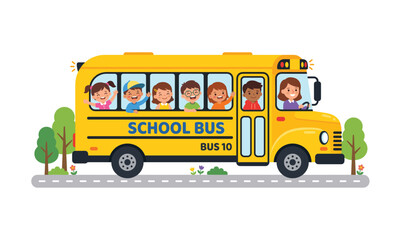 Yellow, school, bus, vector, illustration, happy, children, pupils, riding, waves, through, windows, female, driver, driving, road, trees, education, back, to, school. © clickwavebd