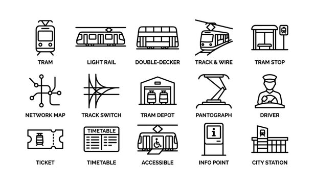 Tram and light rail icon set showing transit elements grid