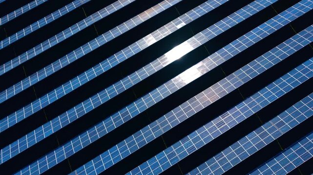 High angle view of solar array with bright sunlight. Photovoltaic modules in rows with strong sun reflection on a dark background, aerial industrial energy concept.