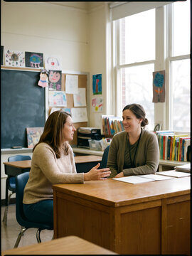 Parent and teacher having discussion at desk in classroom setting