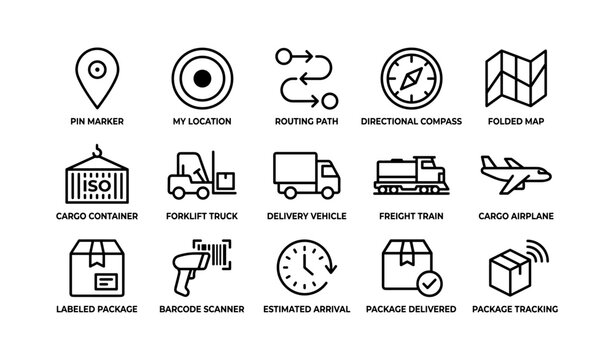 Navigation and logistics icons for tracking on white background