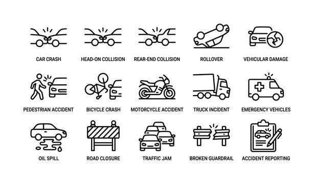 Car crash icons depicting vehicle accident types on white