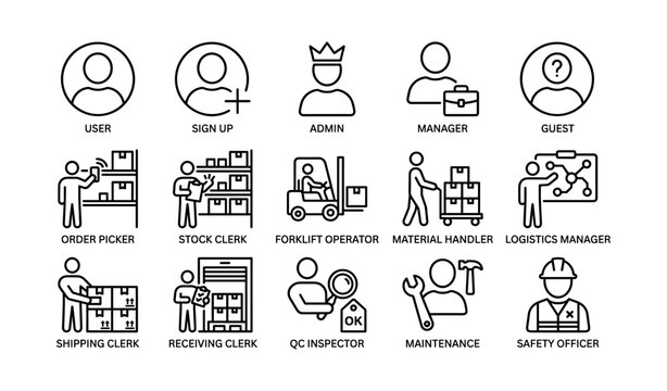 User and warehouse role icons showing job positions in grid