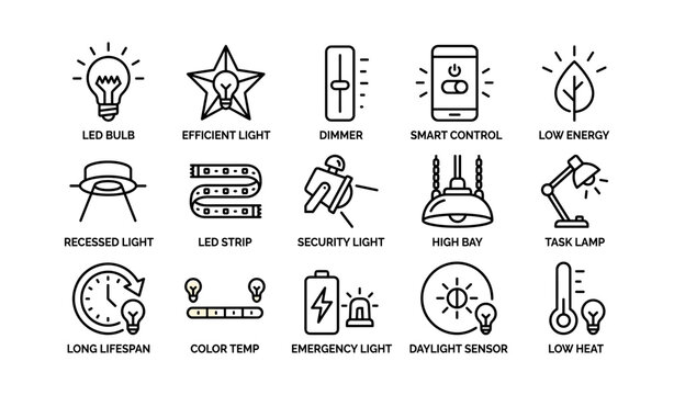 Lighting and lamp icons showing features on white background