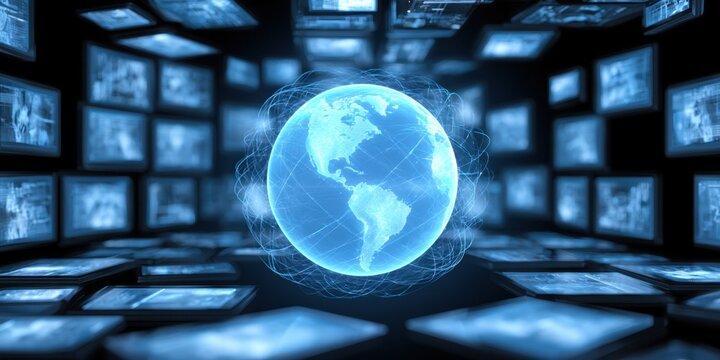 a vibrant, high tech visual featuring a bright blue, translucent earth surrounded by a mesh of light trails, signifying global communication Generative AI