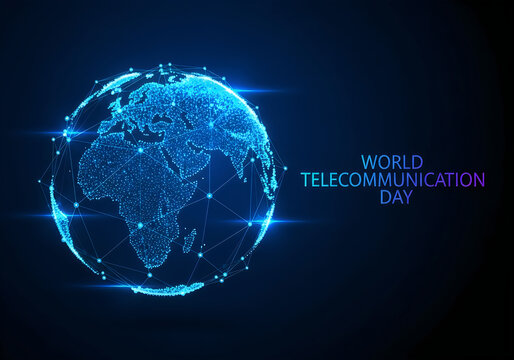 World telecommunication day with a blue globe on a dark background