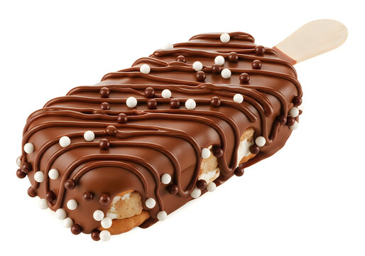 Chocolate covered ice cream sandwich on a stick with white and brown sprinkles isolated on white background