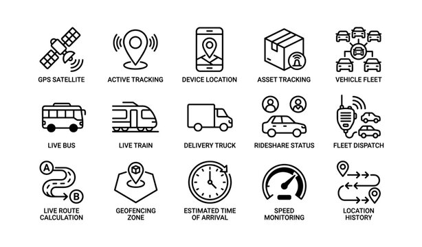 Fleet tracking and location icons arranged in grid on white background