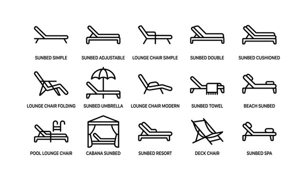 Sunbed and lounge chair icons arranged on white background