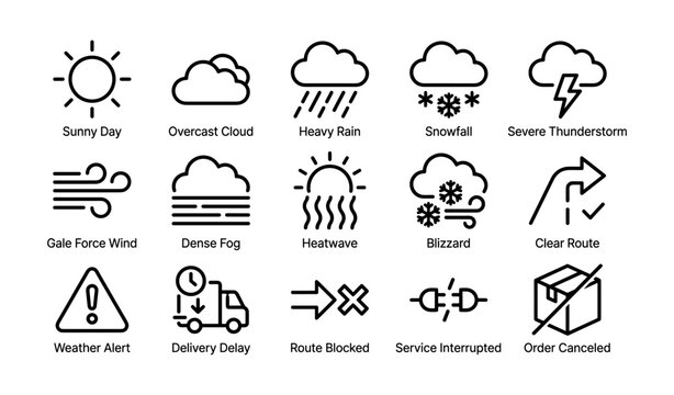 Weather and delivery icons arranged on white background