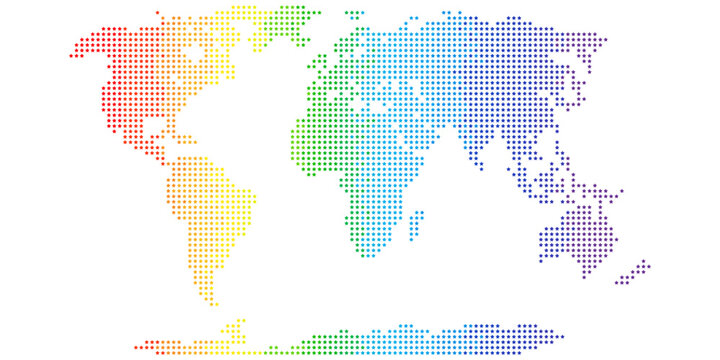 Modern map of the world with dots and stars on a white background. Digital global vector map of the world. Colors of the rainbow. Gradient fun bright children's map world.