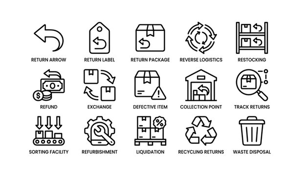 Return and reverse logistics icons for product returns