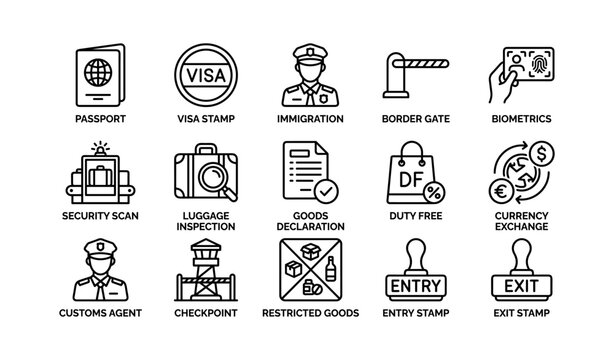 Passport and customs icons representing border control at airport