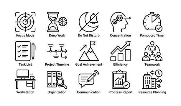 Productivity and project management icons arranged in grid