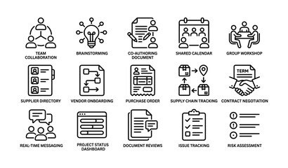 Fototapeta premium Team collaboration and procurement icons arranged in grid layout