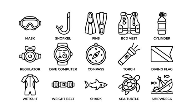 Scuba diving equipment icons arranged in grid on white background