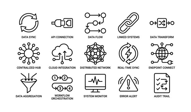 Data integration icons arranged in grid on white background