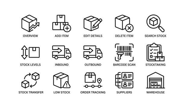 Inventory management icons arranged in grid on white background