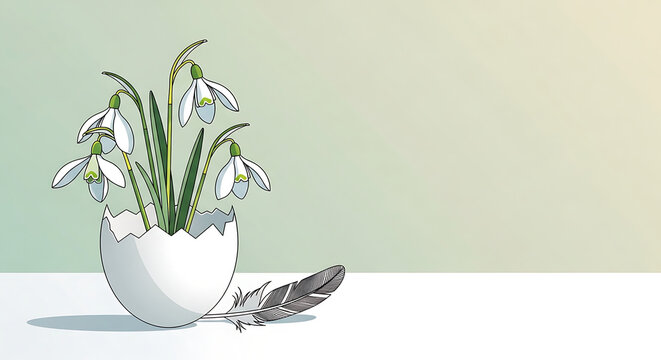 delicate snowdrops bursting from a cracked white eggshell, symbolizing spring rebirth and new beginnings, on a pale gradient background