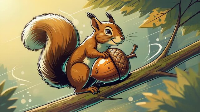 A cheerful squirrel with a fluffy tail clutches a large acorn while balancing on a branch, capturing a whimsical moment of woodland joy in this vibrant digital art illustration of forest life.