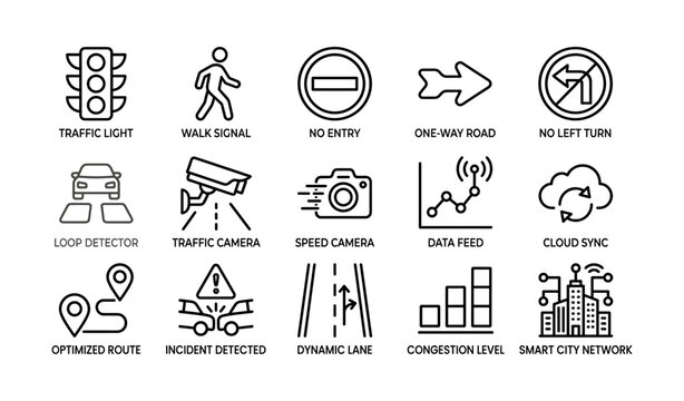 Traffic and road icons set depicting signals and sensors