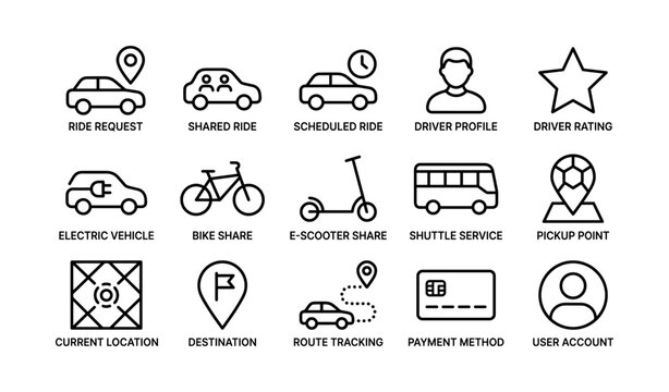Transport and ride sharing icons arranged in grid layout