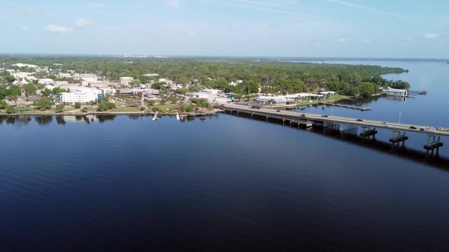 Looking at the bridge into downtown Palatka from a distance drone shot 