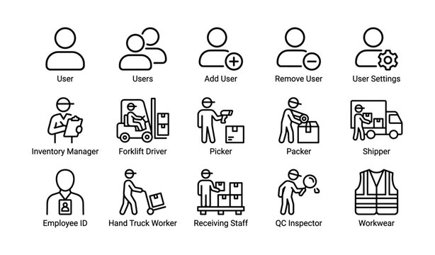 User and warehouse role icons for personnel on white background