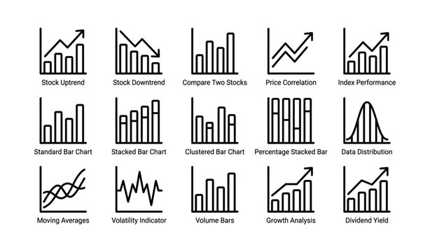 Set of financial chart icons illustrating stock and market data