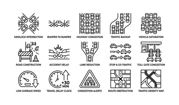 Set of traffic congestion icons depicting scenarios on white