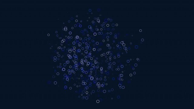 Abstract footage of glowing blue bubble-like particle circles drifting and swirling on a dark navy background, ideal for technology, science, data, and modern backgrounds