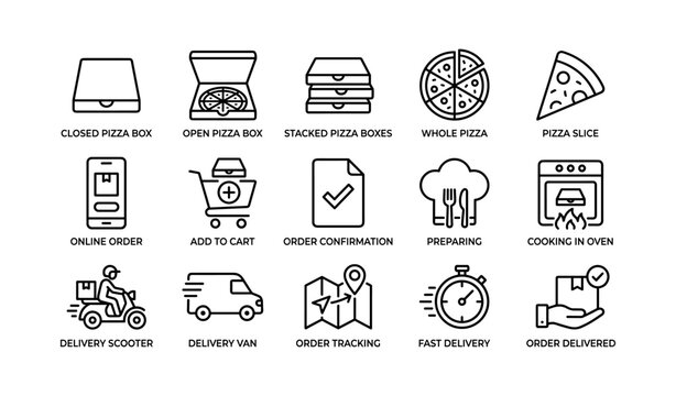 Pizza ordering and delivery icons showing preparation and transport