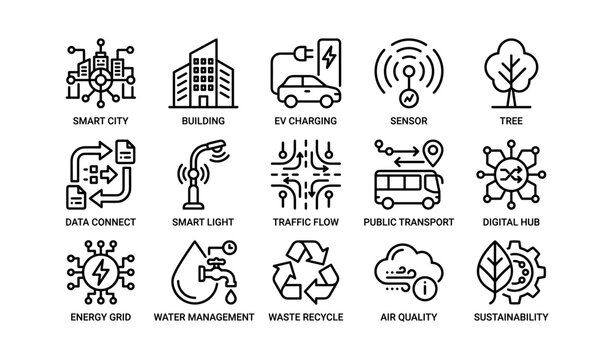 Smart city and sustainability icons showing urban systems and services