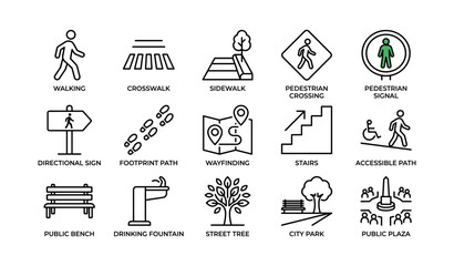Fototapeta na wymiar Pedestrian and park icons showing walking and urban amenities