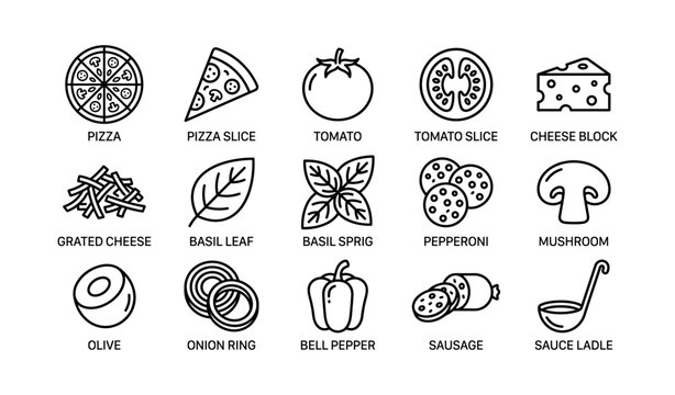 Pizza ingredient icons showing common toppings and kitchen items