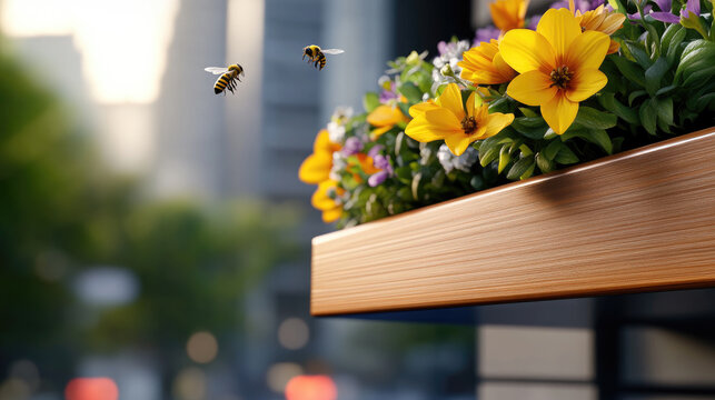 Bees flying towards a wooden window box filled with vibrant yellow and purple native flowers blooming on an urban balcony, promoting city nature and pollinator gardens