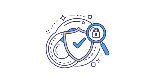 Cybersecurity concept: Shield with checkmark and magnifying glass over lock icon